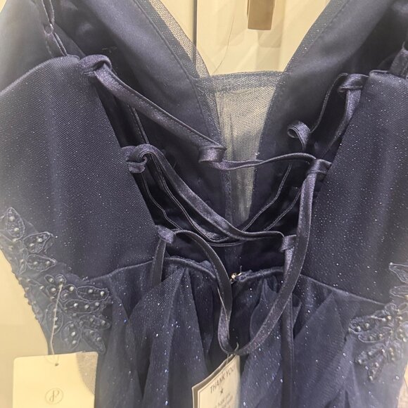 Pear Culture Navy Blue Beaded Tulle Mini Dress Size 0 with Ruffled Skirt & Adjus - Picture 7 of 8